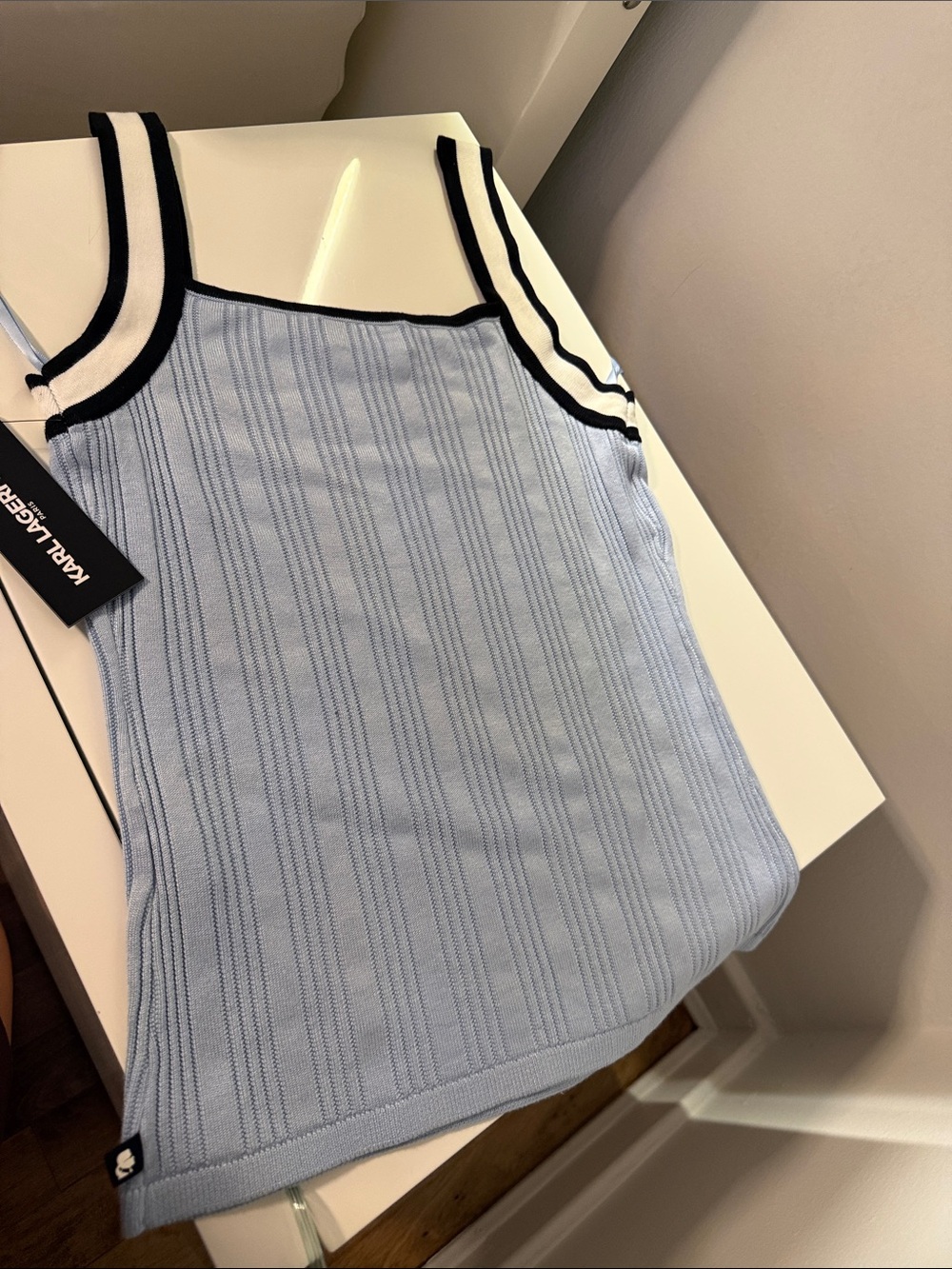 Karl Lagerfeld Pale Blue Ribbed Tank with Black & Cream Straps